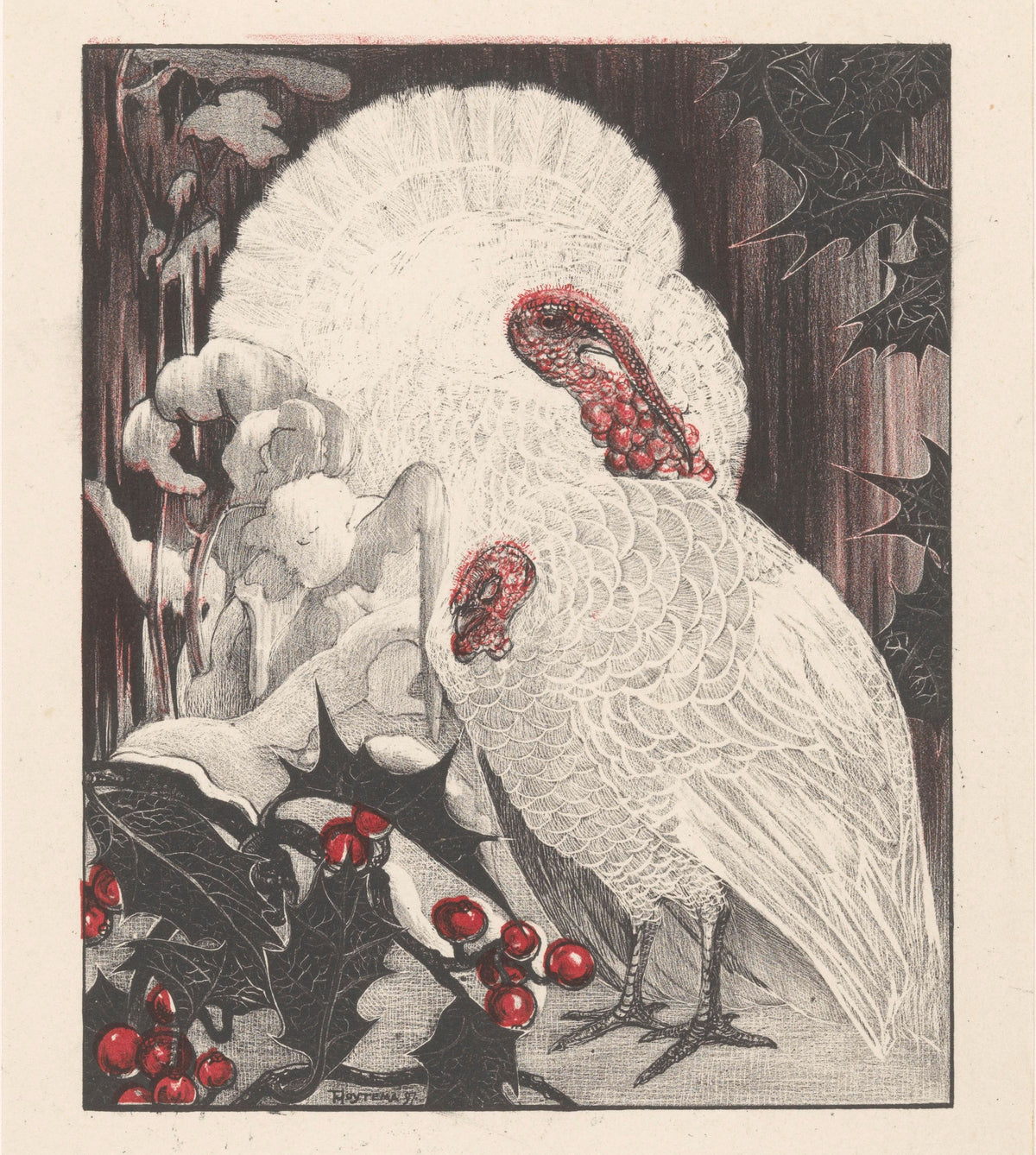 Two White Turkeys with Holly Branches in the Snow by Theo van Hoytema — Two white turkeys among holly and snow, one tail fanned wide