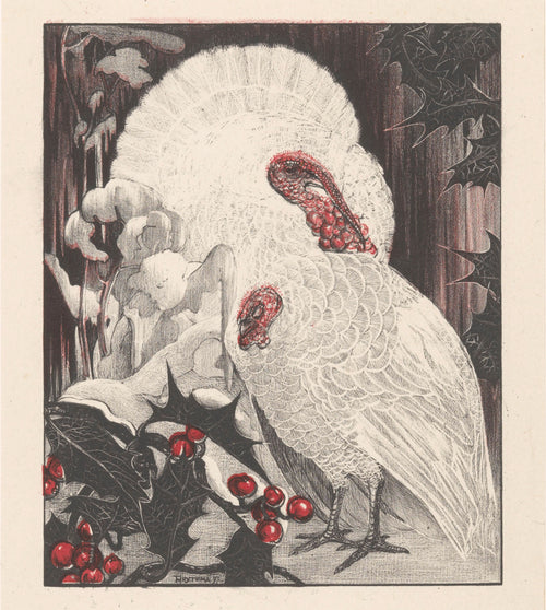 Two White Turkeys with Holly Branches in the Snow by Theo van Hoytema — Two white turkeys among holly and snow, one tail fanned wide