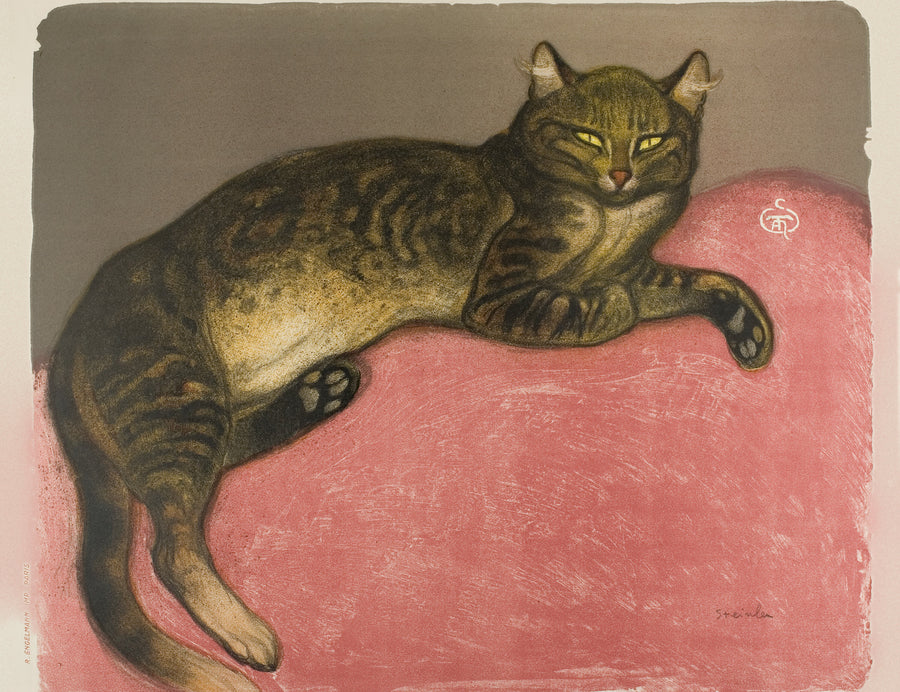 Théophile Steinlen — Winter: Cat on a Cushion | Art Nouveau Print shown to scale on a wall above a sofa