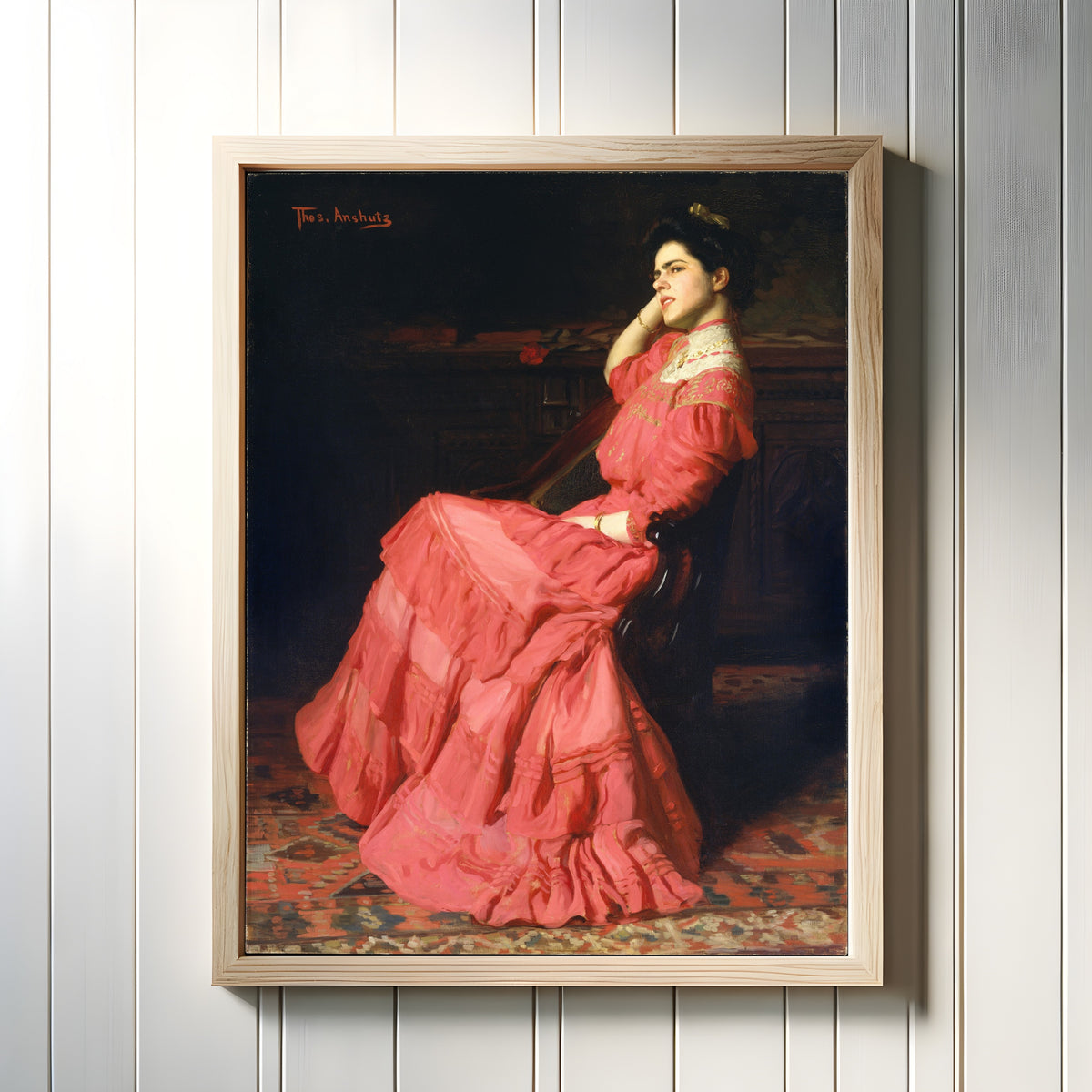 Framed art print of A Rose by Thomas Anshutz, in a light wood frame on a white panelled wall