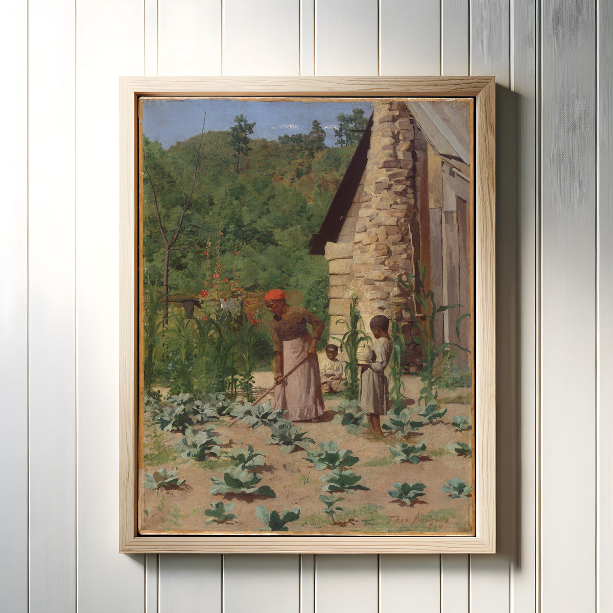 Framed art print of The Way They Live by Thomas Anshutz, in a light wood frame on a white panelled wall