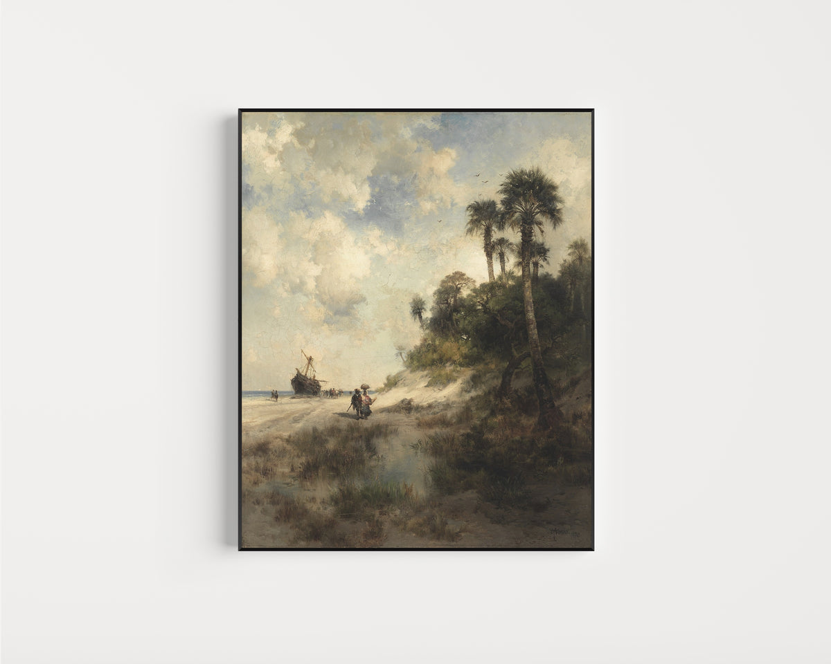 Framed art print of Fort George Island, Florida by Thomas Moran, in a slim black frame on a plain white wall