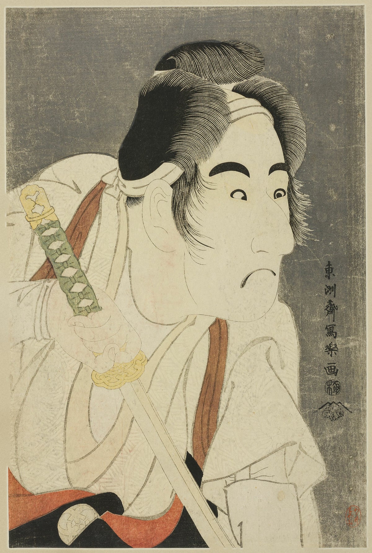 The Actor Bandō Mitsugorō II as Ishii Genzō by Tōshūsai Sharaku — A kabuki actor grips his sword hilt with a wary glance