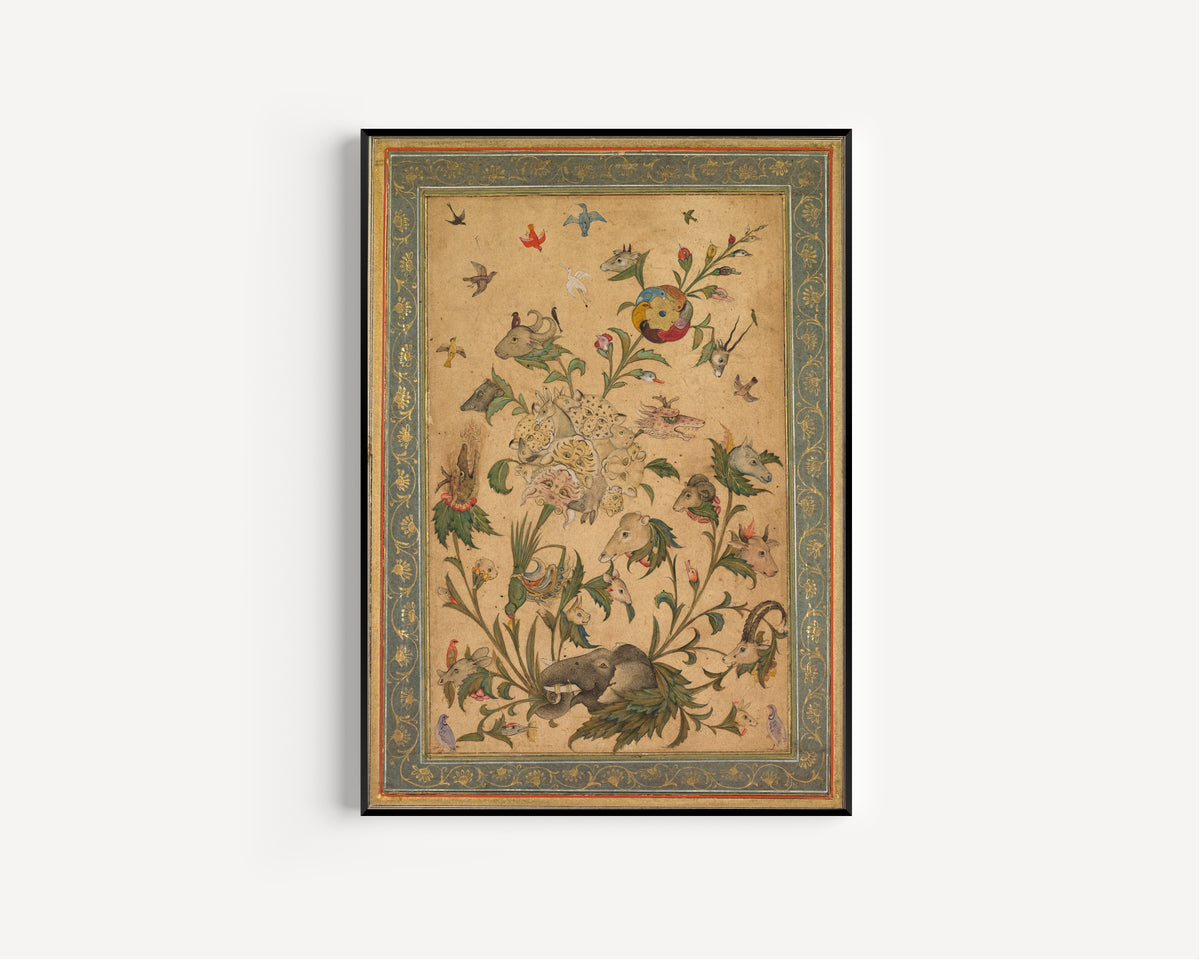 A Floral Fantasy of Animals and Birds (Waq-Waq) by Mughal Court Painting — in a slim black frame on a plain white wall