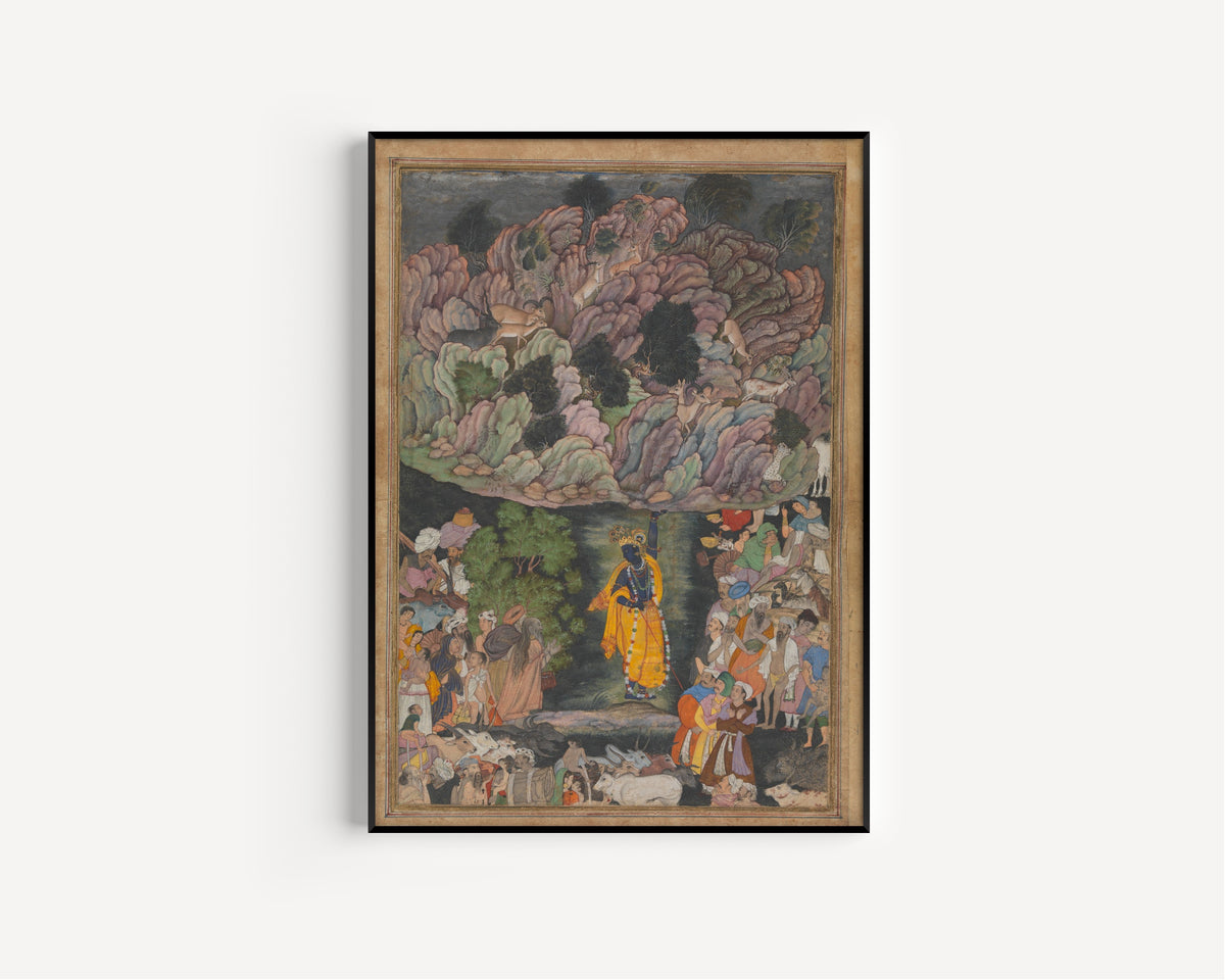 Mughal Court Painting — Krishna Holds Up Mount Govardhan to Shelter the Villagers of Braj | Mughal Painting Art Print
