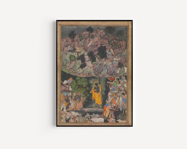 Mughal Court Painting — Krishna Holds Up Mount Govardhan to Shelter the Villagers of Braj | Mughal Painting Art Print