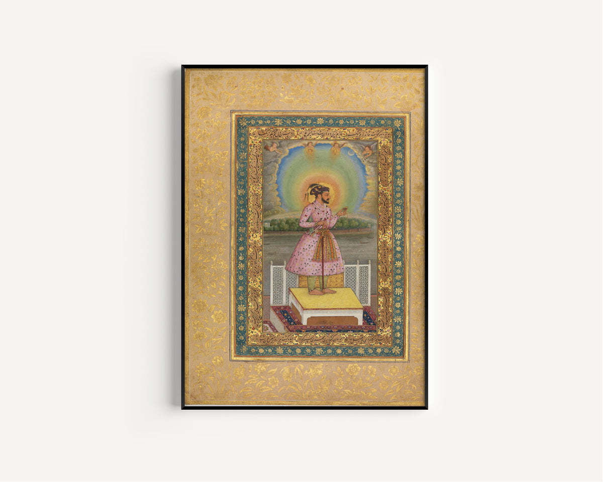 Chitarman — Shah Jahan on a Terrace, Holding a Pendant Set With His Portrait | Mughal Painting Art Print