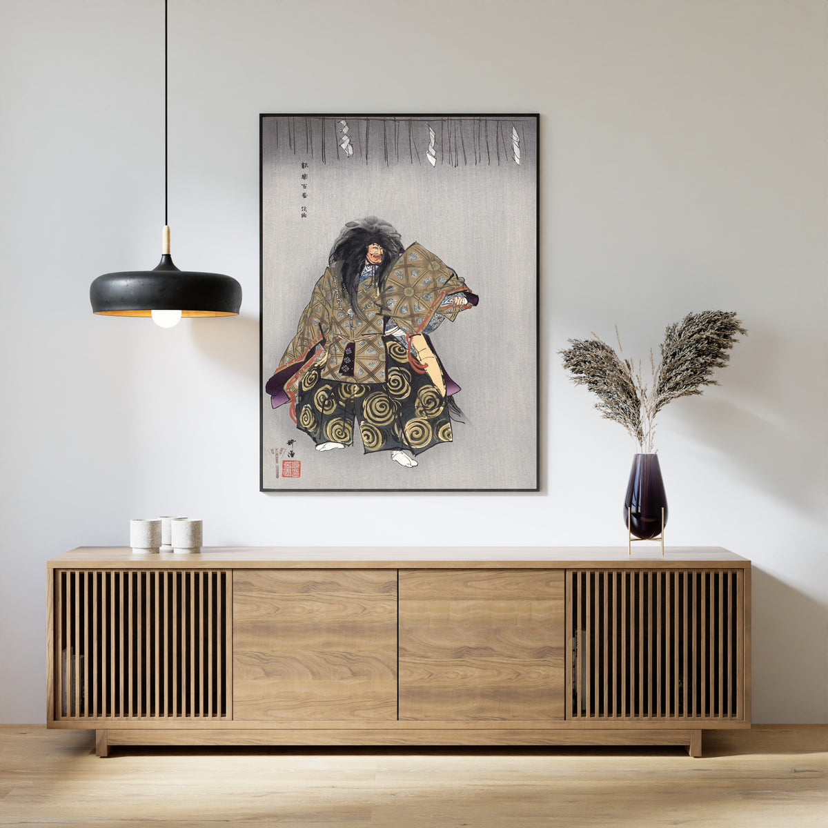 Scene from the No Play Awaji (Jul–1926) by Tsukioka Kōgyo — framed above a slatted wood sideboard