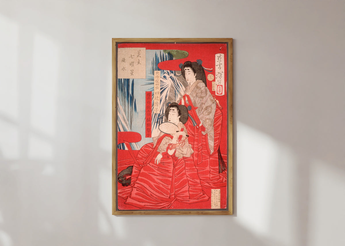 Framed art print of Cascading Water by Tsukioka Yoshitoshi, in a light wood frame on a sunlit white wall