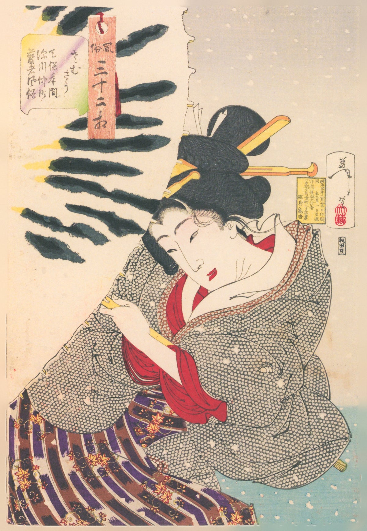 Tsukioka Yoshitoshi — Fūzoku sanjūni sō: Looks Cold (Tenpō-era Fukagawa geisha) | Japanese Woodblock Print (Ukiyo-e) - 9ArtPrints