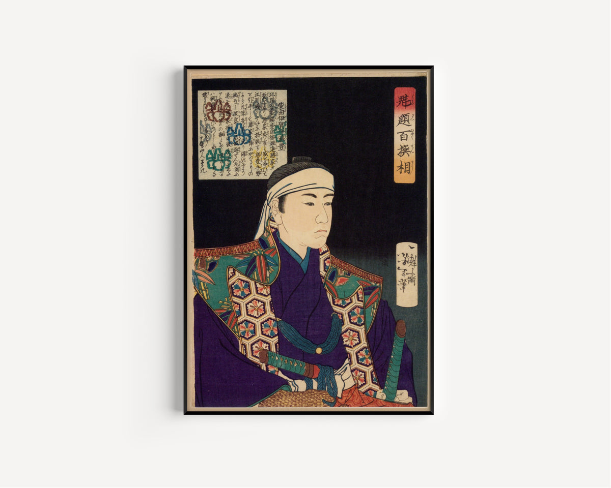 Kaidai hyakusensō: Shibata Iga-no-kami Katsutoyo by Tsukioka Yoshitoshi — shown framed on a wall