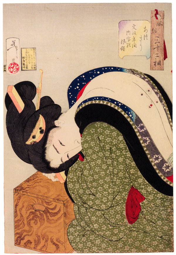 Tsukioka Yoshitoshi — Looks Hot (Bunsei-era geisha) | Japanese Woodblock Print (Ukiyo-e)