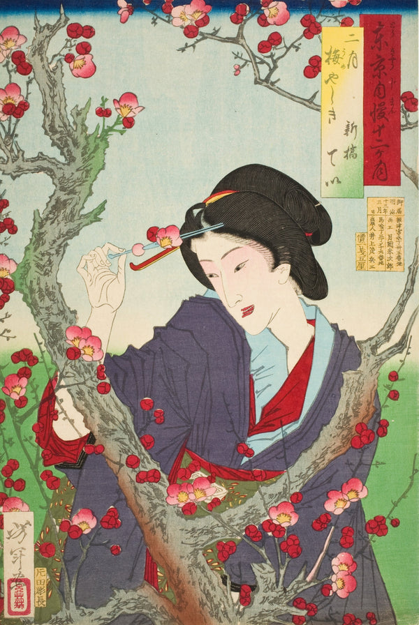 Tsukioka Yoshitoshi — Second Month; Tei of Shinbashi by a Plum Tree at Umeyashiki | Japanese Woodblock Print (Ukiyo-e)