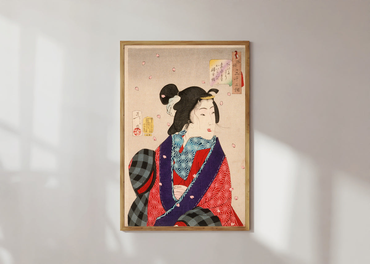 Framed art print of Wanting to Meet Someone: A Courtesan of the Kaei Period by Tsukioka Yoshitoshi, in a light wood frame on a sunlit white wall