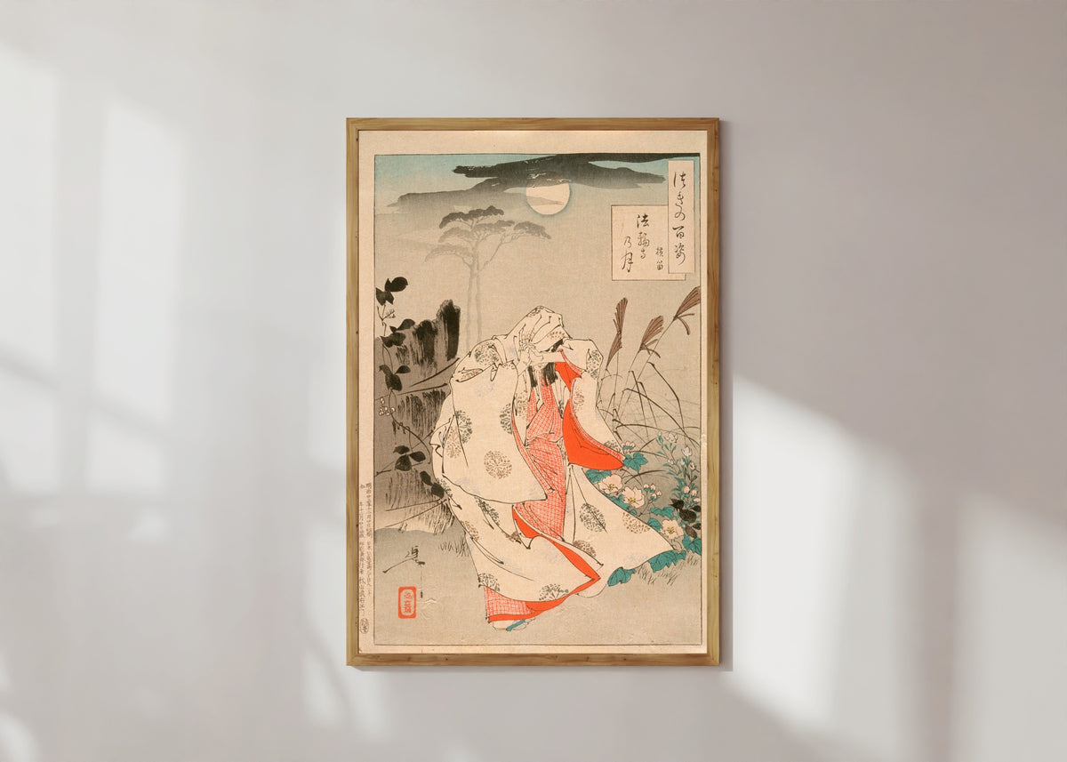 Framed art print of Yokobue Waiting from Takiguchi Tokiyori by Tsukioka Yoshitoshi, in a light wood frame on a sunlit white wall