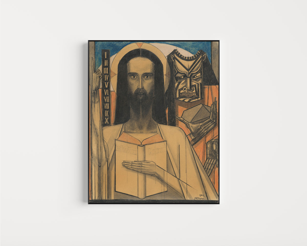 Framed art print of Étude pour 'Christus in de woestijn' by Jan Toorop, in a slim black frame on a plain white wall