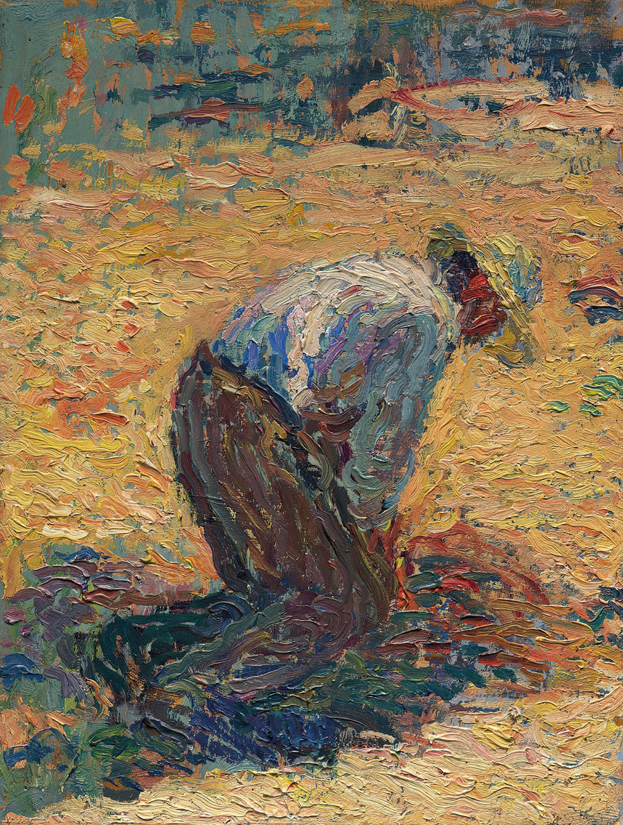 Henri Martin — Étude pour La Moisson (Crouching Harvester) | Pointillist Portrait Print shown to scale on a wall above a sofa
