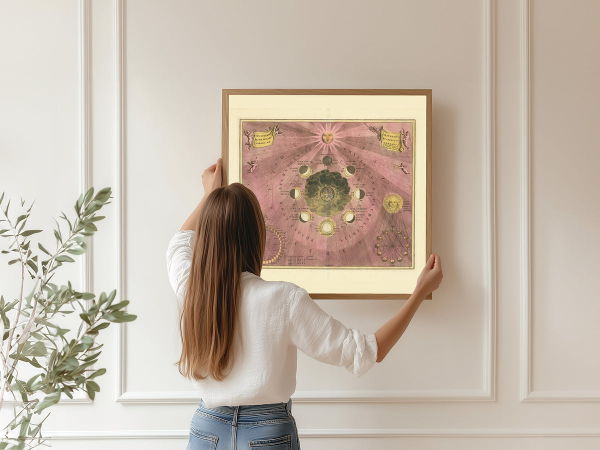Andreas Cellarius — The Phases and Aspects of the Moon (Plate 19, Rose Colouring) | Celestial Map Print