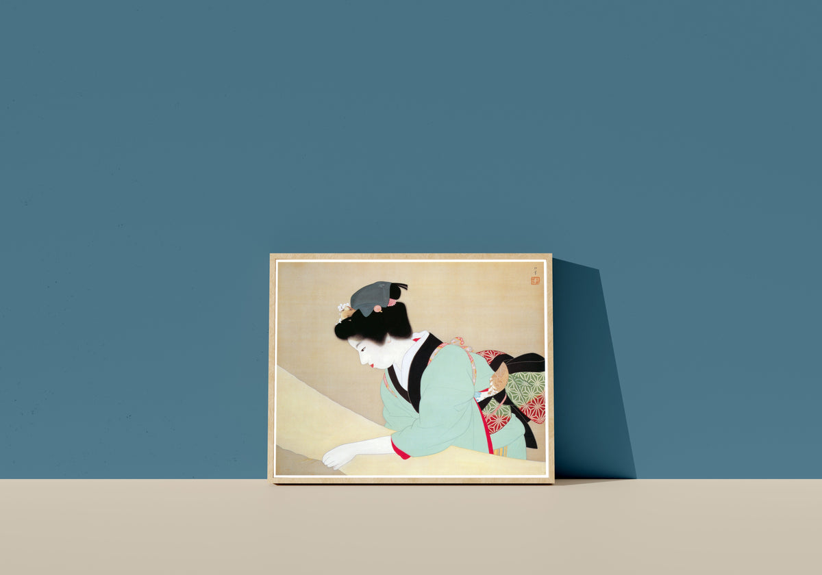Framed art print of A Fine Day by Uemura Shōen, in a light wood frame leaning on a blue wall