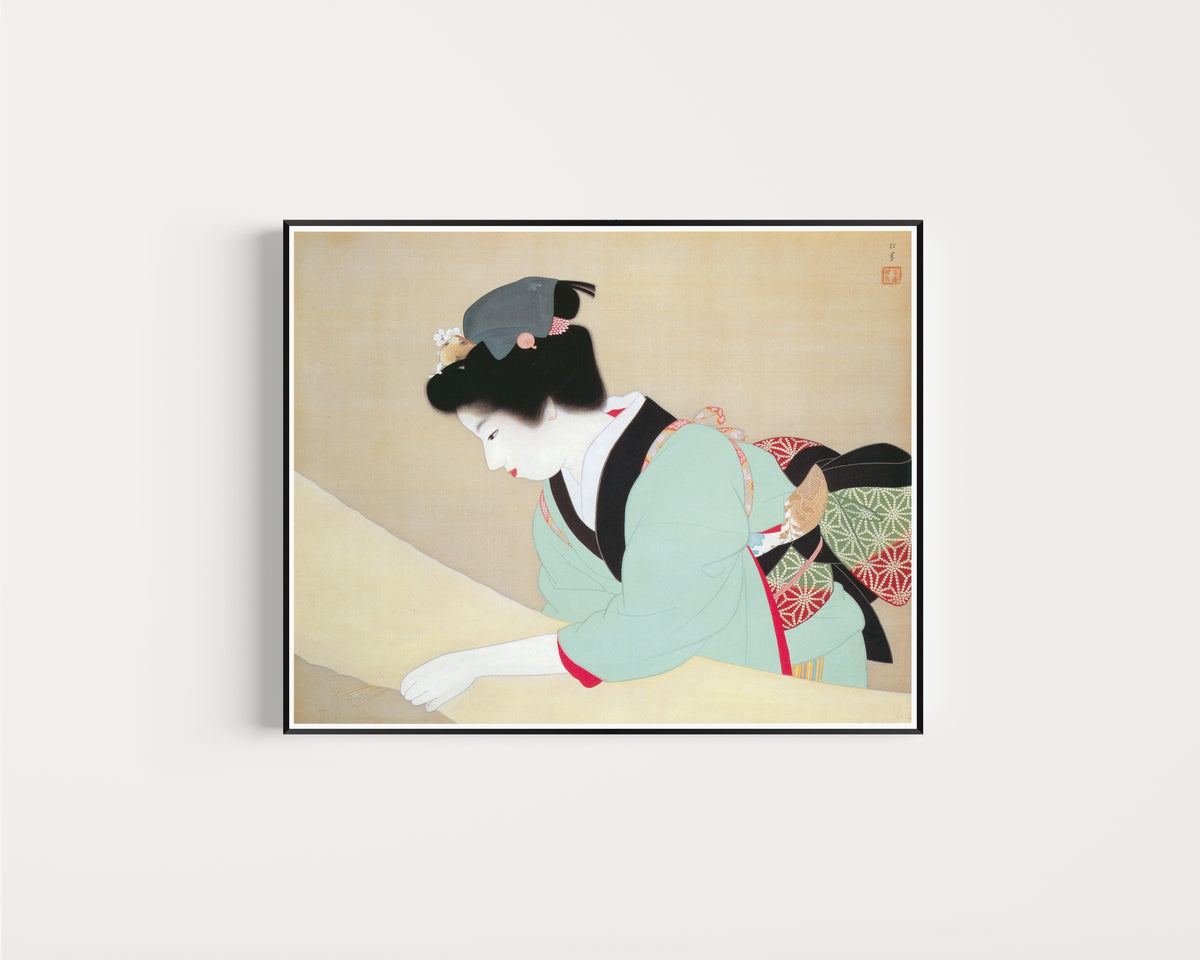 Framed art print of A Fine Day by Uemura Shōen, in a slim black frame on a plain white wall