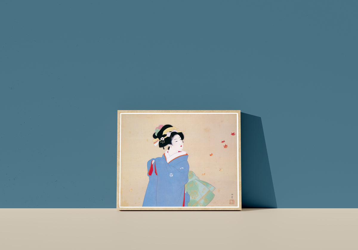 Framed art print of Deep Autumn by Uemura Shōen, in a light wood frame leaning on a blue wall