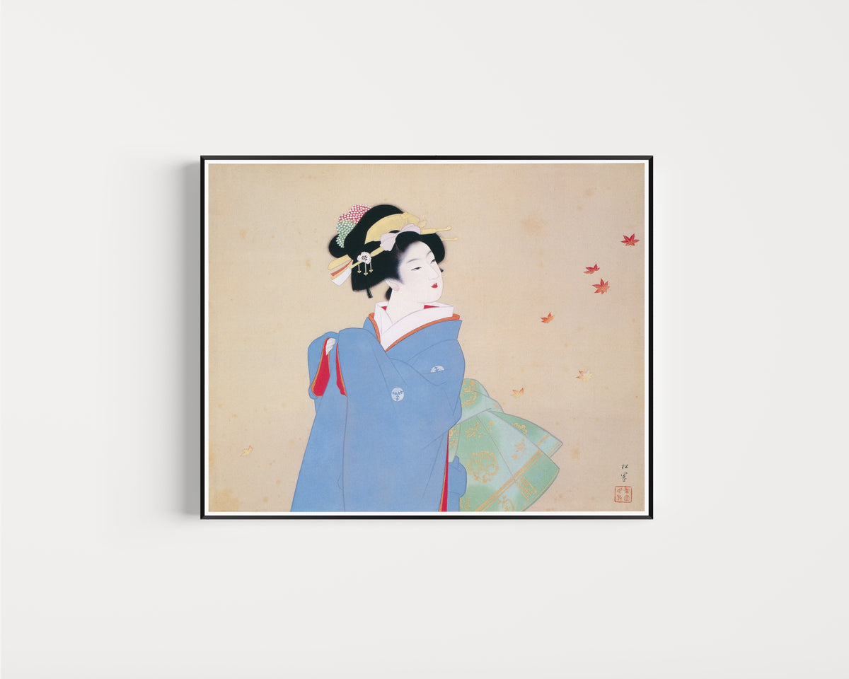Framed art print of Deep Autumn by Uemura Shōen, in a slim black frame on a plain white wall