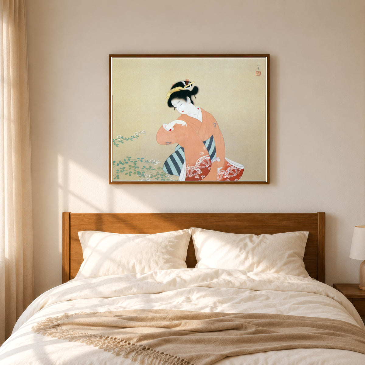 Framed art print of Early Autumn by Uemura Shōen, in a slim wood frame above a bed in a sunlit bedroom