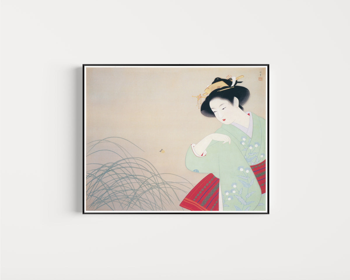 Framed art print of Firefly by Uemura Shōen, in a slim black frame on a plain white wall