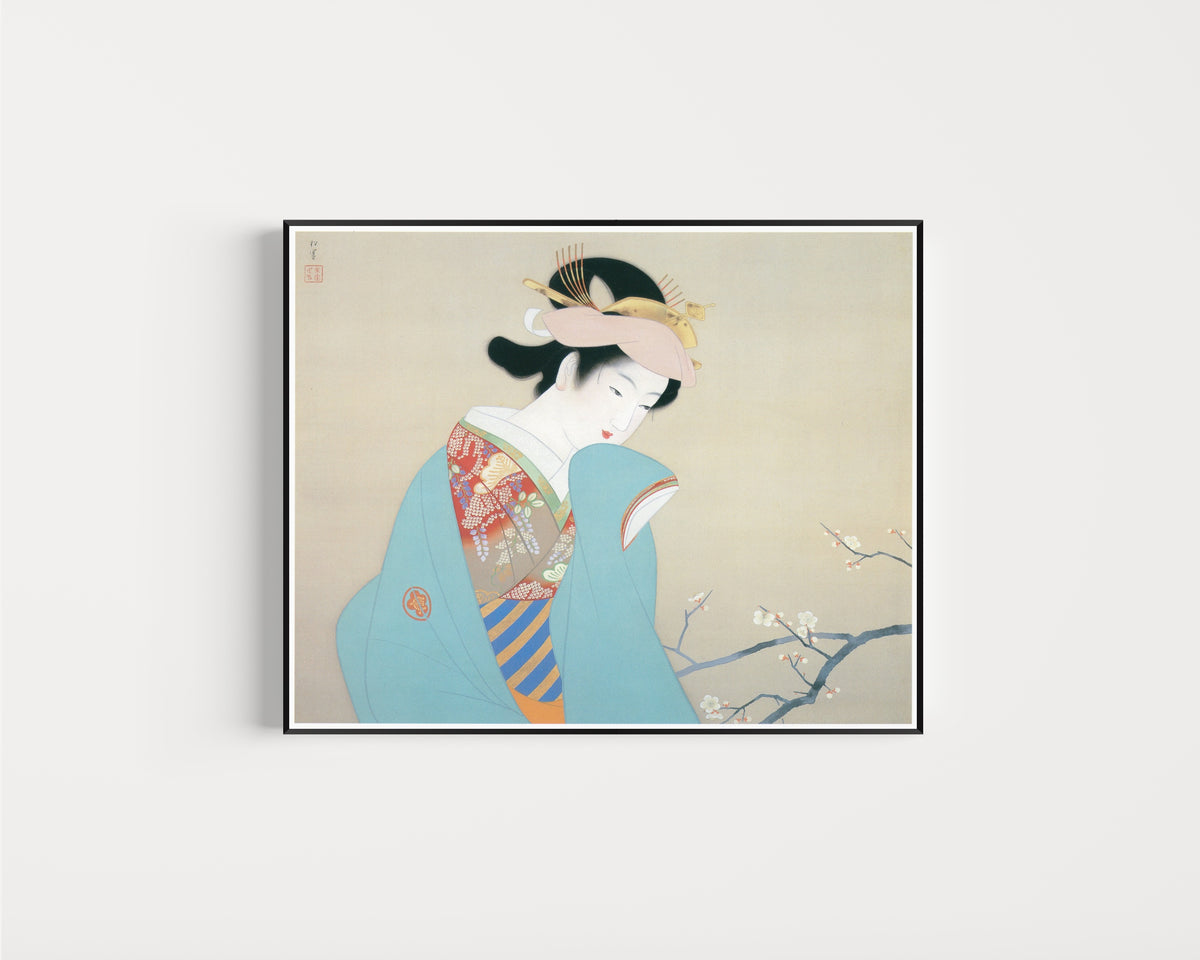 Framed art print of Fragrance of Spring by Uemura Shōen, in a slim black frame on a plain white wall