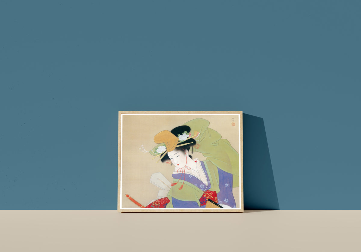 Framed art print of Green Rain (Ryokuu) by Uemura Shōen, in a light wood frame leaning on a blue wall