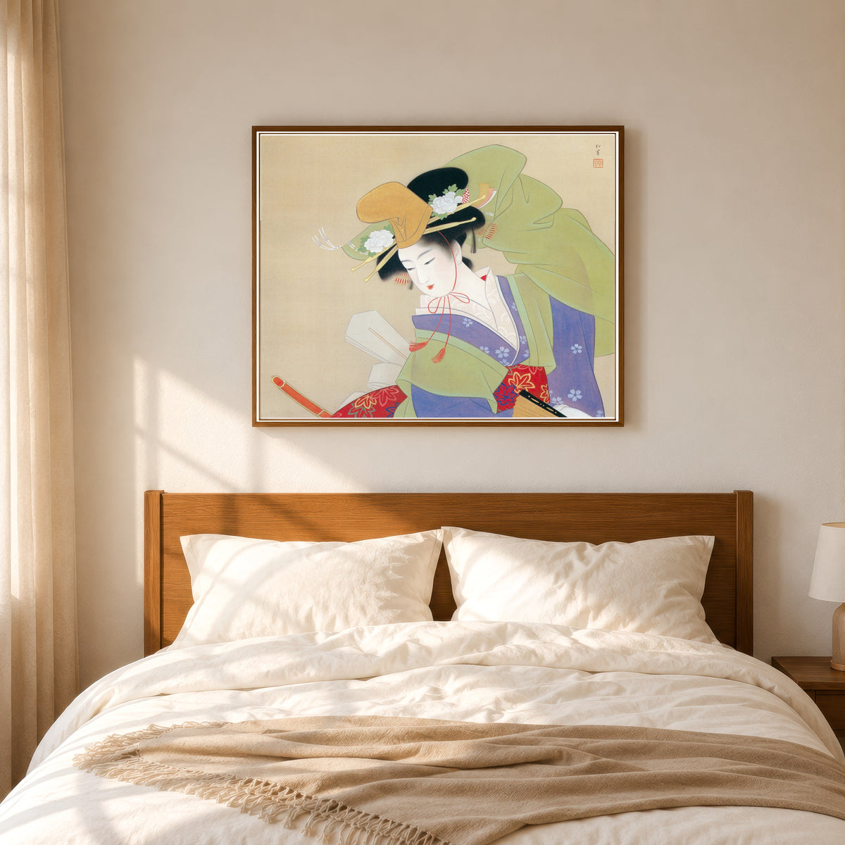 Framed art print of Green Rain (Ryokuu) by Uemura Shōen, in a slim wood frame above a bed in a sunlit bedroom