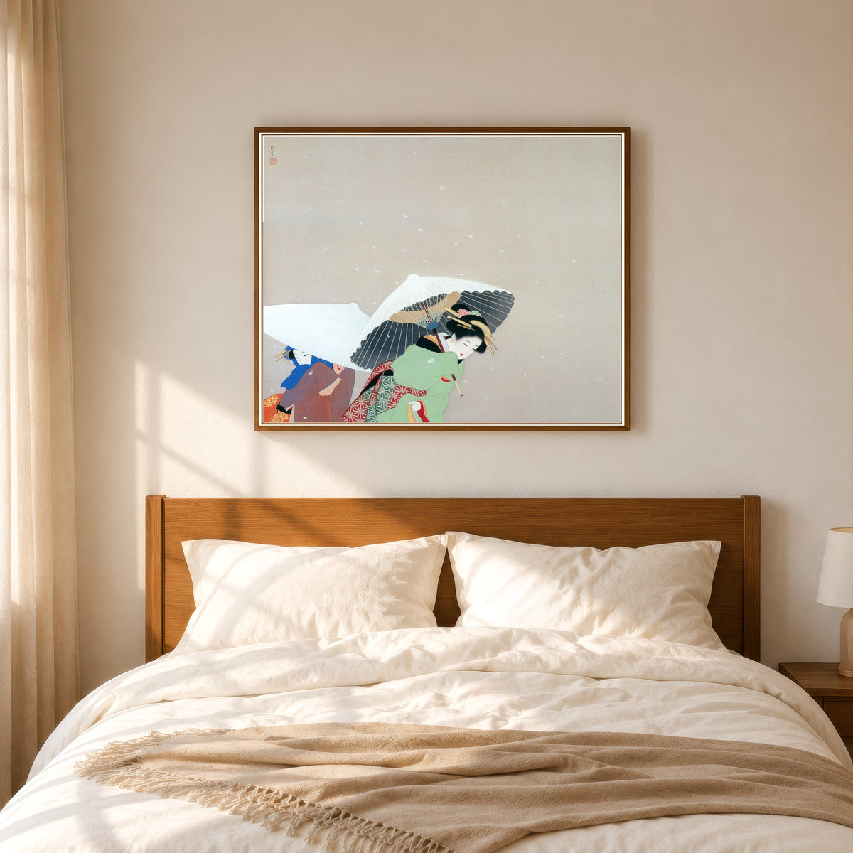 Framed art print of Large Snowflakes by Uemura Shōen, in a slim wood frame above a bed in a sunlit bedroom
