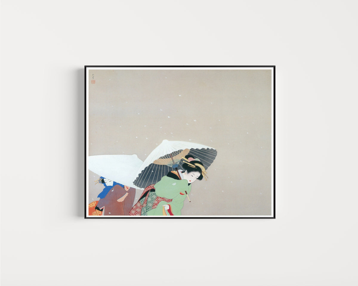 Framed art print of Large Snowflakes by Uemura Shōen, in a slim black frame on a plain white wall