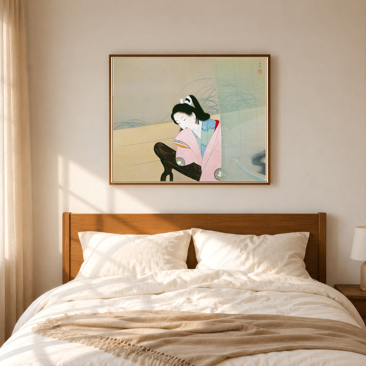 Framed art print of Male Dance (Otoko-mai) by Uemura Shōen, in a slim wood frame above a bed in a sunlit bedroom