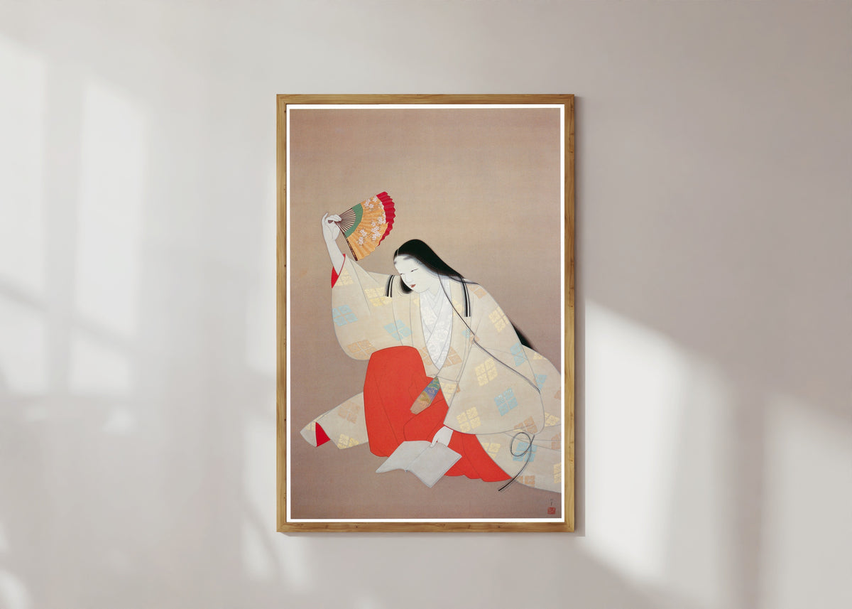 Framed art print of Ono no Komachi by Uemura Shōen, in a light wood frame on a sunlit white wall