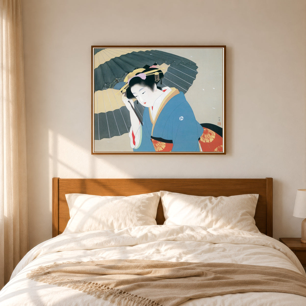 Framed art print of Snow by Uemura Shōen, in a slim wood frame above a bed in a sunlit bedroom