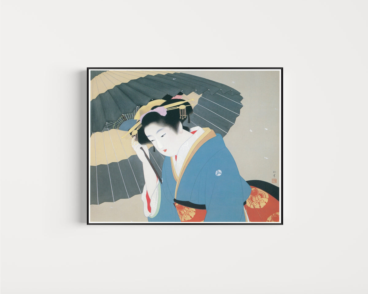 Framed art print of Snow by Uemura Shōen, in a slim black frame on a plain white wall