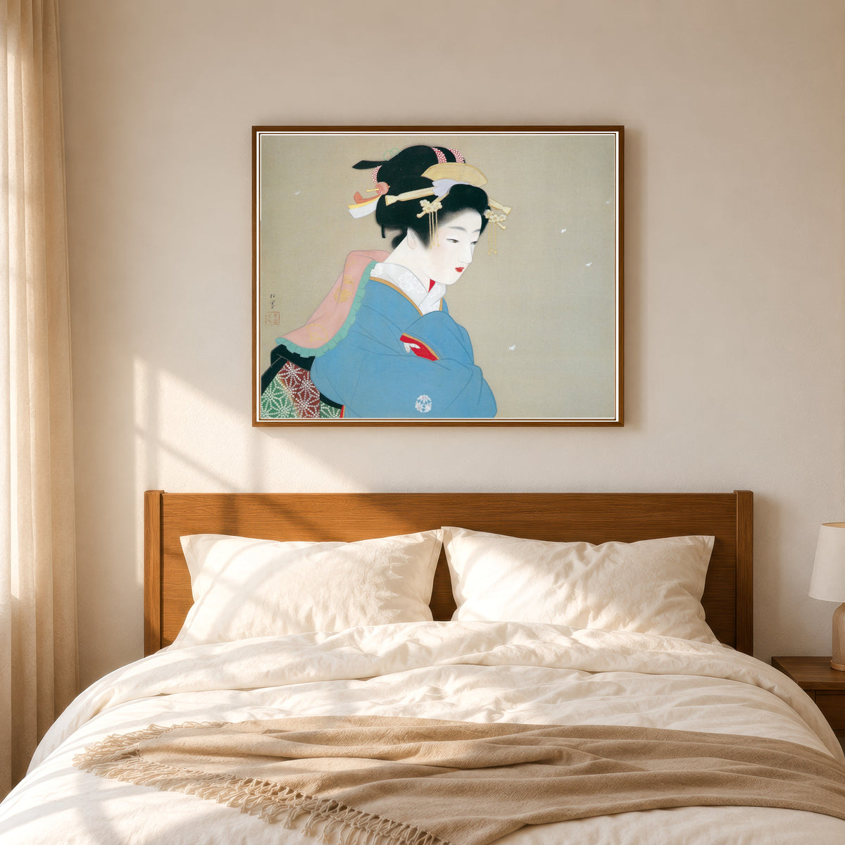Framed art print of Snow in the Garden by Uemura Shōen, in a slim wood frame above a bed in a sunlit bedroom