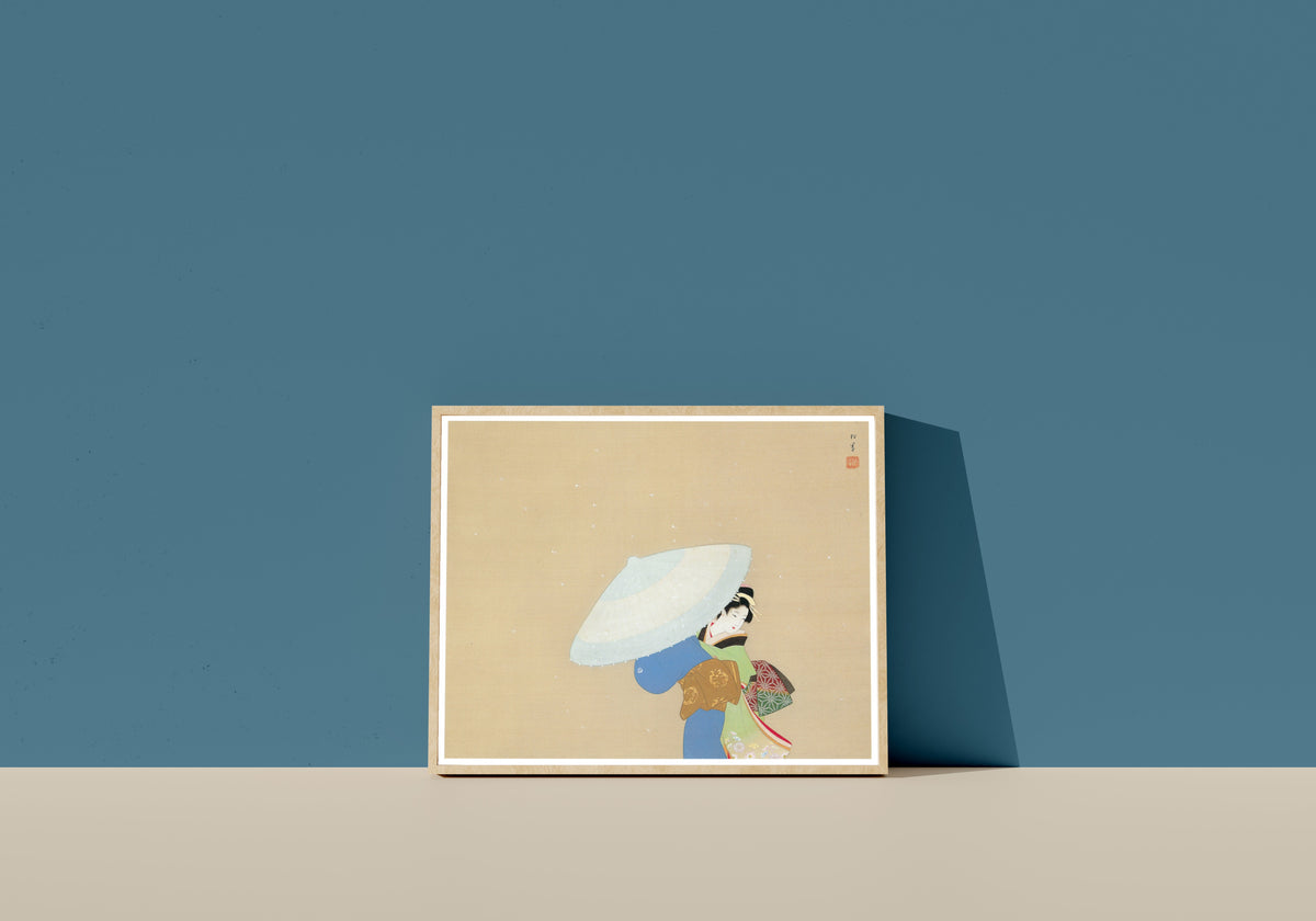Framed art print of Snow (Yuki) by Uemura Shōen, in a light wood frame leaning on a blue wall