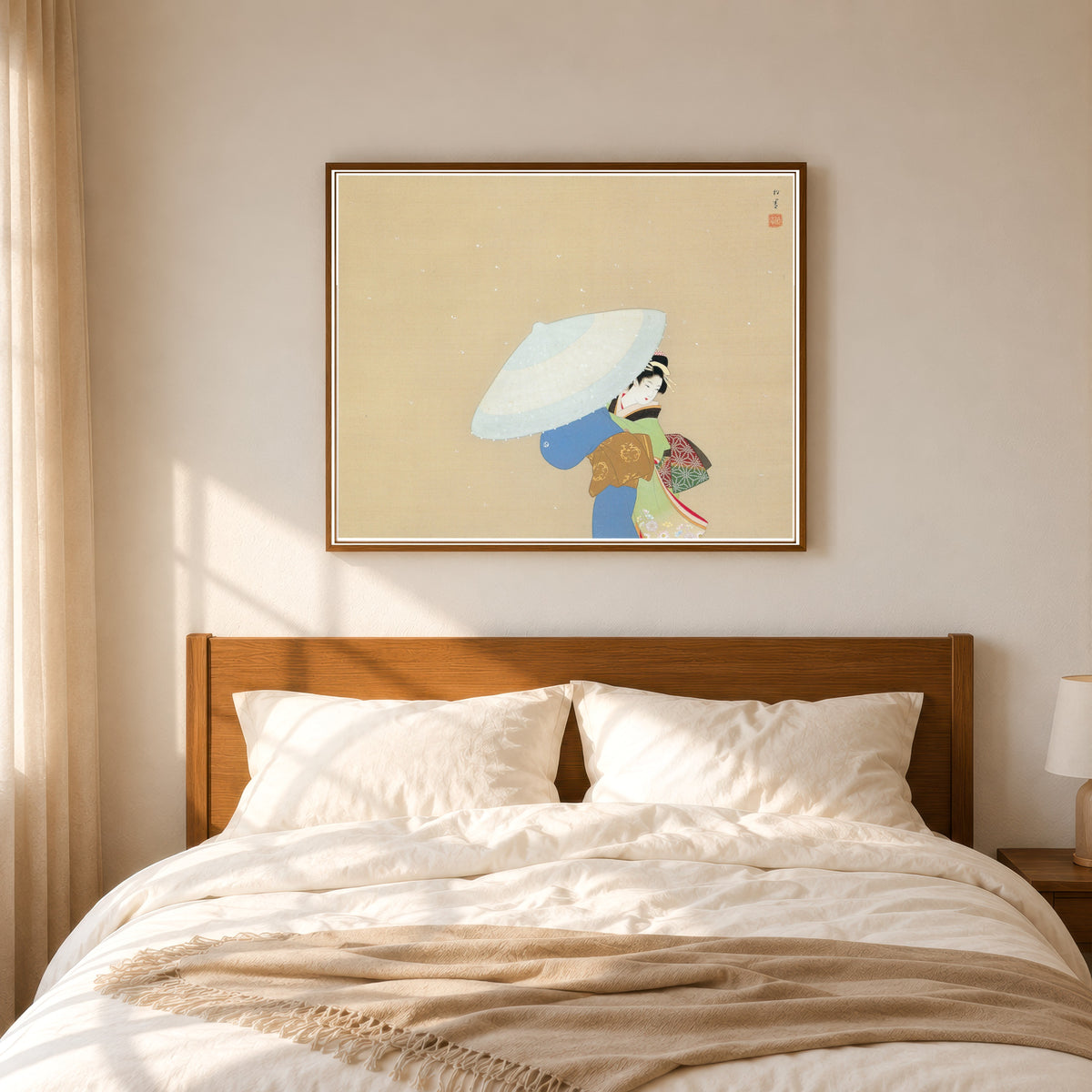 Framed art print of Snow (Yuki) by Uemura Shōen, in a slim wood frame above a bed in a sunlit bedroom