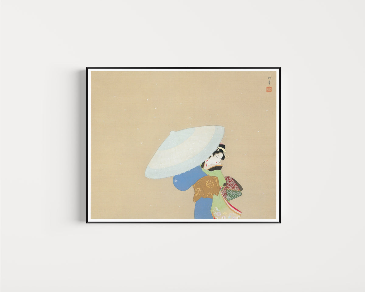 Framed art print of Snow (Yuki) by Uemura Shōen, in a slim black frame on a plain white wall