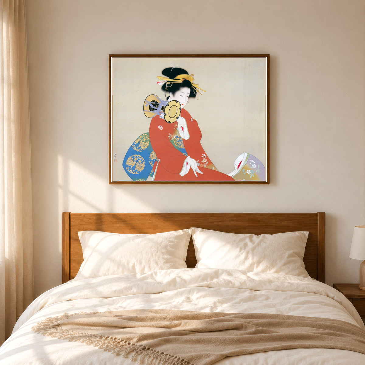 Framed art print of Sound of the Drum (Tsuzumi no ne) by Uemura Shōen, in a slim wood frame above a bed in a sunlit bedroom