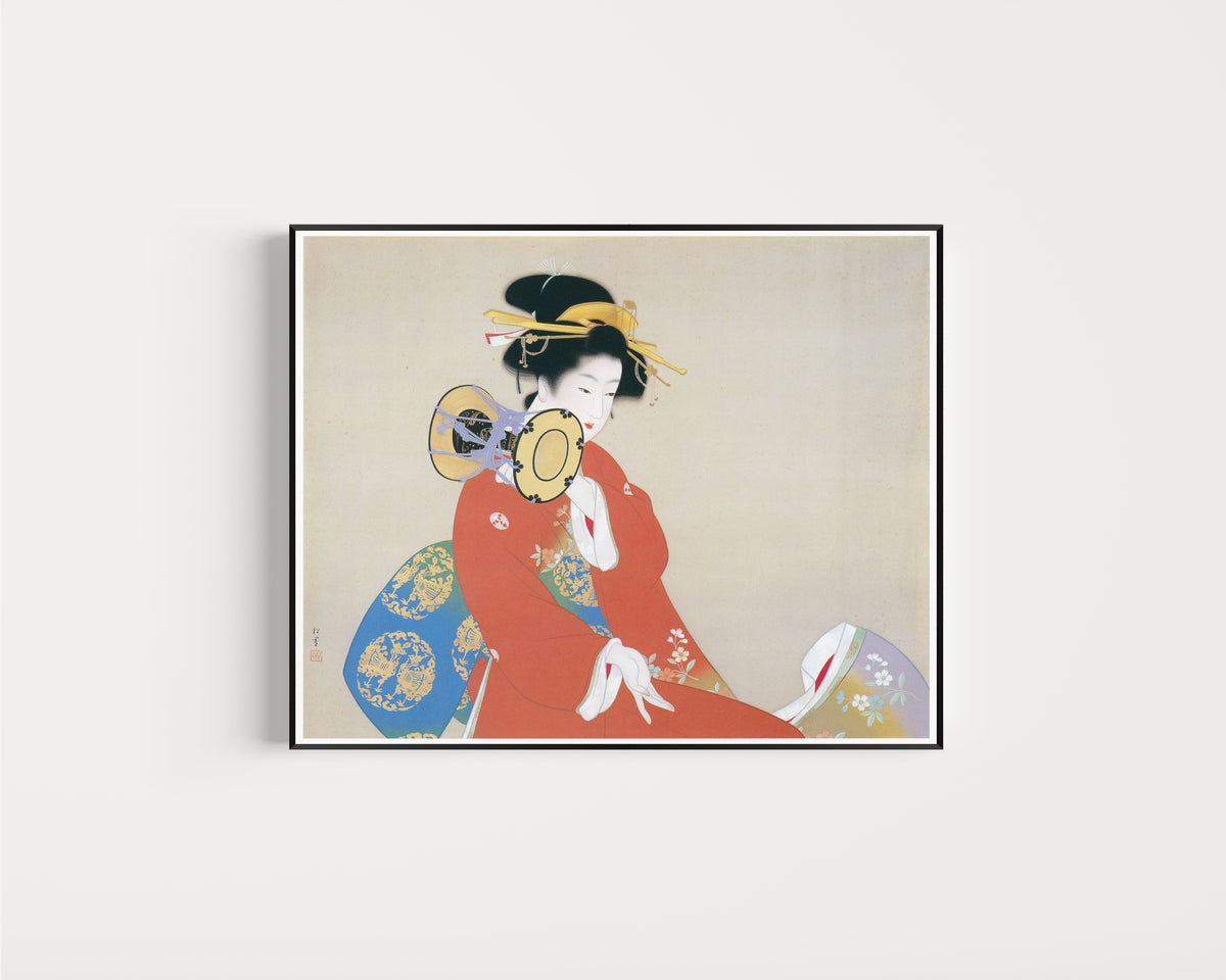 Framed art print of Sound of the Drum (Tsuzumi no ne) by Uemura Shōen, in a slim black frame on a plain white wall