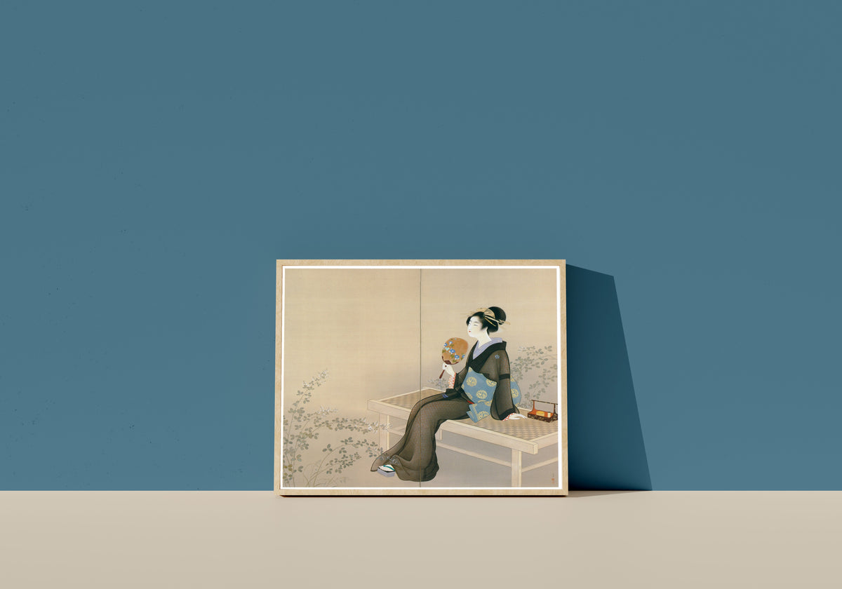 Framed art print of Spring and Autumn (right panel) by Uemura Shōen, in a light wood frame leaning on a blue wall