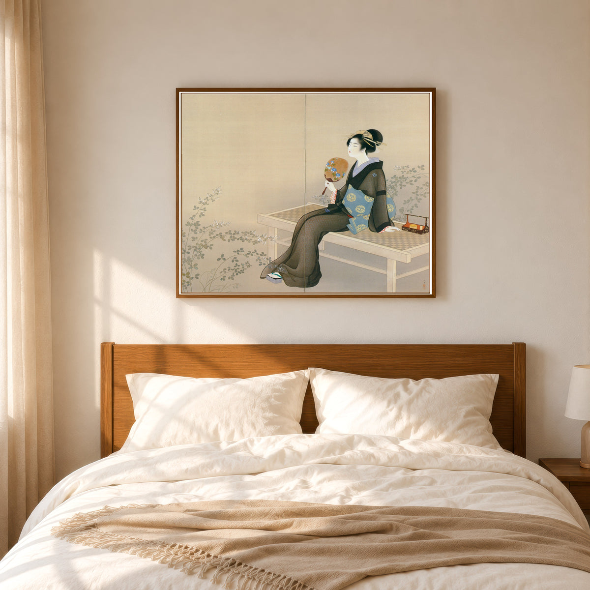 Framed art print of Spring and Autumn (right panel) by Uemura Shōen, in a slim wood frame above a bed in a sunlit bedroom
