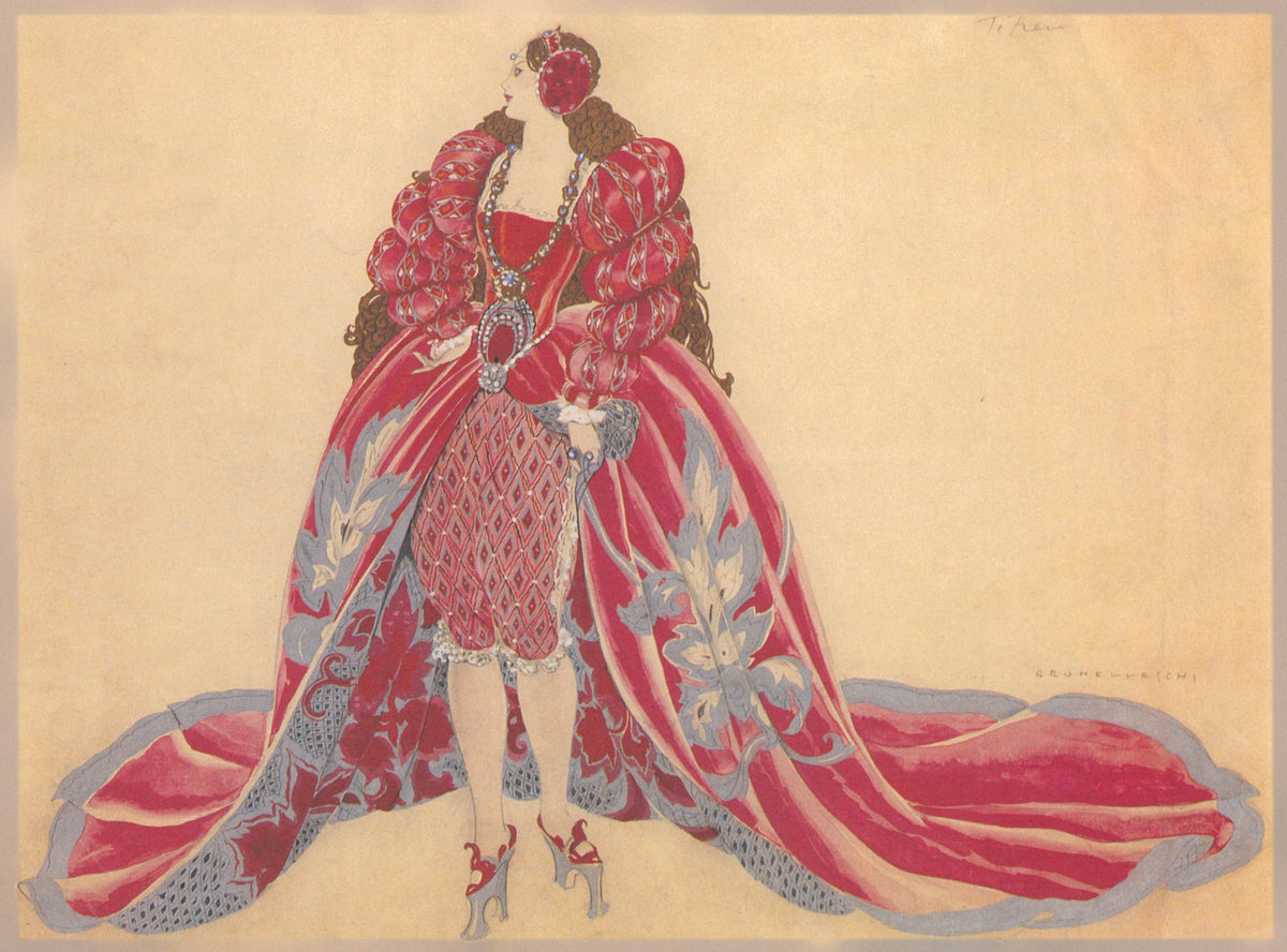 Costume Titien by Umberto Brunelleschi — An elaborate crimson gown trails a jeweled Renaissance cape