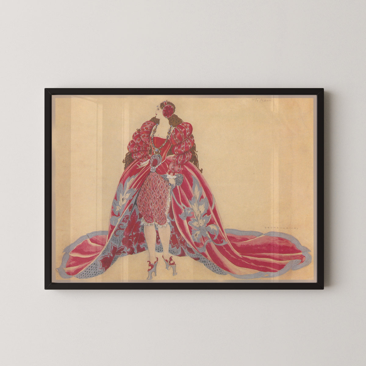 Costume Titien by Umberto Brunelleschi — in a black frame on a pale wall