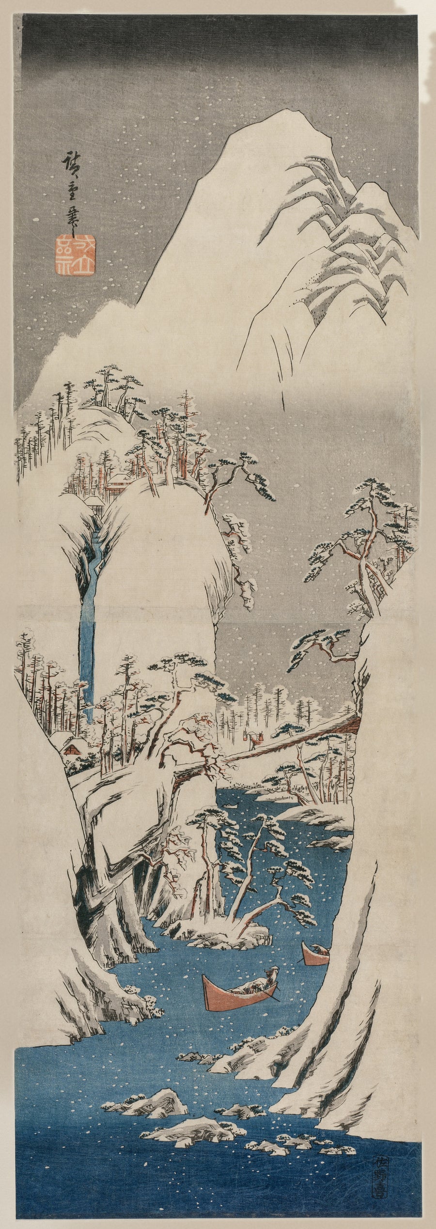 Utagawa Hiroshige — The Fuji River in the Snow | Japanese Woodblock Print (Ukiyo-e) shown to scale on a wall above a sofa