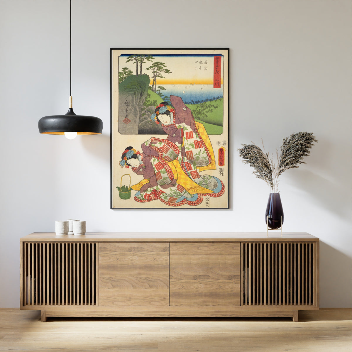 Fifty-three Stations by Two Brushes: Futagawa by Utagawa Hiroshige & Utagawa Kunisada — framed above a slatted wood sideboard