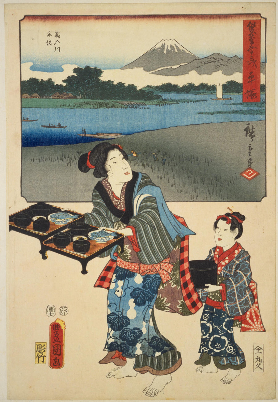 Utagawa Hiroshige & Utagawa Kunisada — Fifty-three Stations by Two Brushes: Hiratsuka | Japanese Woodblock Print (Ukiyo-e) shown to scale on a wall above a sofa